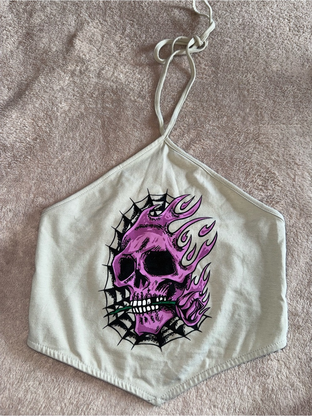 Empyre (Zumiez) Flaming Purple Skull Light Gray Halter Top